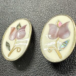 267- Vintage 925 Floral Oval Earrings with Pink and Gold Inlay clip Earrings